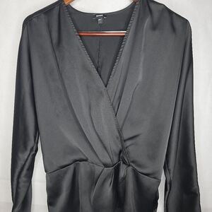 Express Blouse Black Lightweight Satiny Faux Wrap Long Sleeve Sexy Date Night L